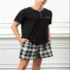 Yukiuiny Mens Cotton Sleep Pajamas Set Soft Short Sleeve Henley Collar Black Solid Tops and Plaid Shorts Bottom Large view 2