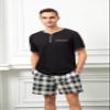 Yukiuiny Mens Cotton Sleep Pajamas Set Soft Short Sleeve Henley Collar Black Solid Tops and Plaid Shorts Bottom Large view 3