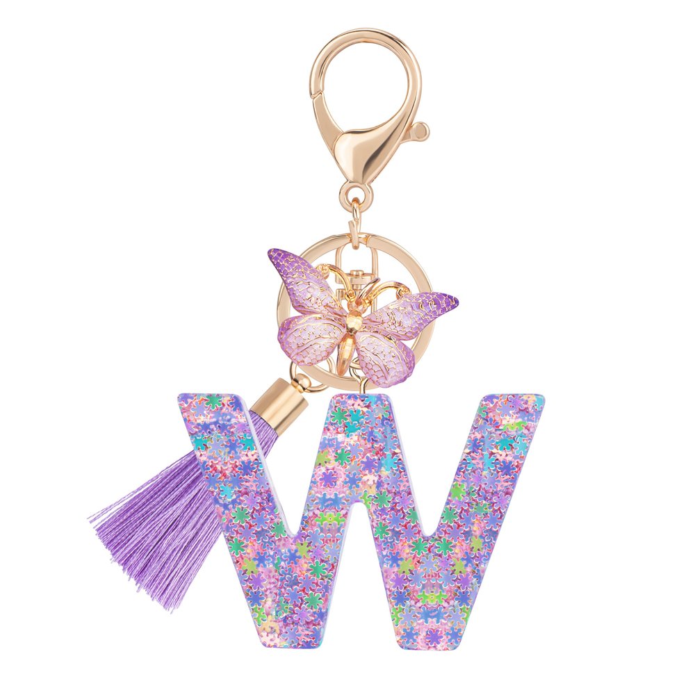 Suweibuke Cute Pink Key Chains for Women Girls, Initial Letter Keychains with Tassel, Charms for Key Purse Handbags Backpacks (Purple Butterfly Letter-W)