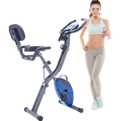 Folding Exercise Bike, Foldable Fitness Stationary Bike Machine, Upright Indoor Cycling Bike, Magnetic X-Bike with 10-Level Adjustable Resistance, Arm Bands and Backrest for Home Gym Workout (Blue)