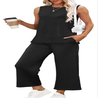 XIEERDUO Plus Size Two Piece Outfits for Women 2 Pc Sleeveless Resort Wear Lounge Set Travel Tracksuit Airport Loungewear Women's Summer Clothing Vacation Clothes Black 3XL