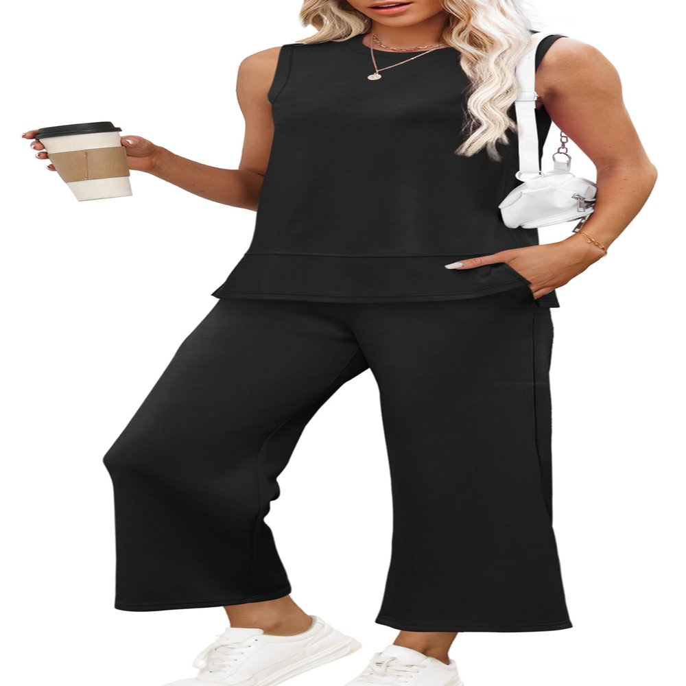 XIEERDUO Plus Size Two Piece Outfits for Women 2 Pc Sleeveless Resort Wear Lounge Set Travel Tracksuit Airport Loungewear Women's Summer Clothing Vacation Clothes Black 3XL