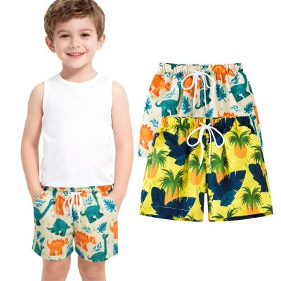HSTiSan Boys Beach Shorts Athletic Quick Dry Swim Trunks Children Boardshort Tree Leaves Yellow+Dinosaur Beige 8-9Y/130