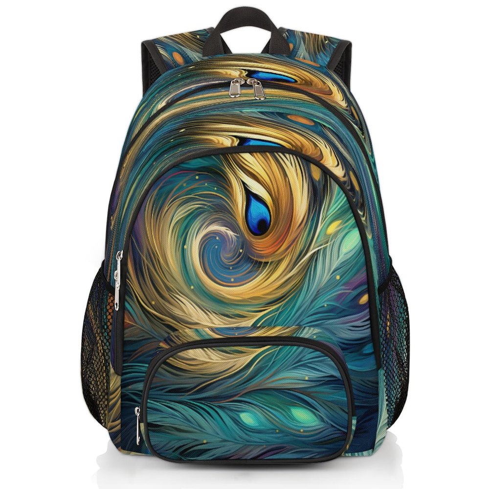YPPAHHHH School Backpack for Boys Girls, Ethnic Peacock Feather Elementary School Bags Abstract Feather Lightweight Bookbag Laptop Backpack Casual Daypack Rucksack for Kids Teens