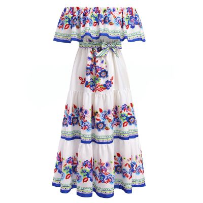 ABEWIP Mexican Dress for Women Floral Print Maxi Off-Shoulder Ruffle Sleeveless Traditional Fiesta Dresses White and Blue 3XL