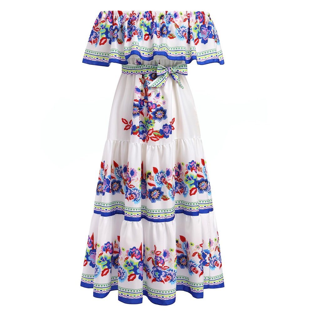 ABEWIP Mexican Dress for Women Floral Print Maxi Off-Shoulder Ruffle Sleeveless Traditional Fiesta Dresses White and Blue 3XL