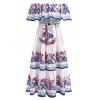 ABEWIP Mexican Dress for Women Floral Print Maxi Off-Shoulder Ruffle Sleeveless Traditional Fiesta Dresses White and Blue 3XL view 1