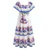 ABEWIP Mexican Dress for Women Floral Print Maxi Off-Shoulder Ruffle Sleeveless Traditional Fiesta Dresses White and Blue 3XL view 2