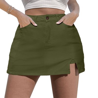 luvamia Skorts Skirts for Women Denim Mini Skirt Side Slit with High Waisted Jean Shorts Stretchy Jean Skirt with Shorts Olive Green XX-Large Size 20-22