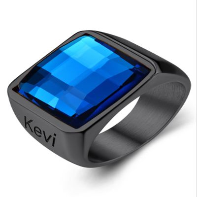Blue Sapphire Rings Personalized for Men Teen, Custom Engraving Black Square Gemstone Ring For Rapper Dancer