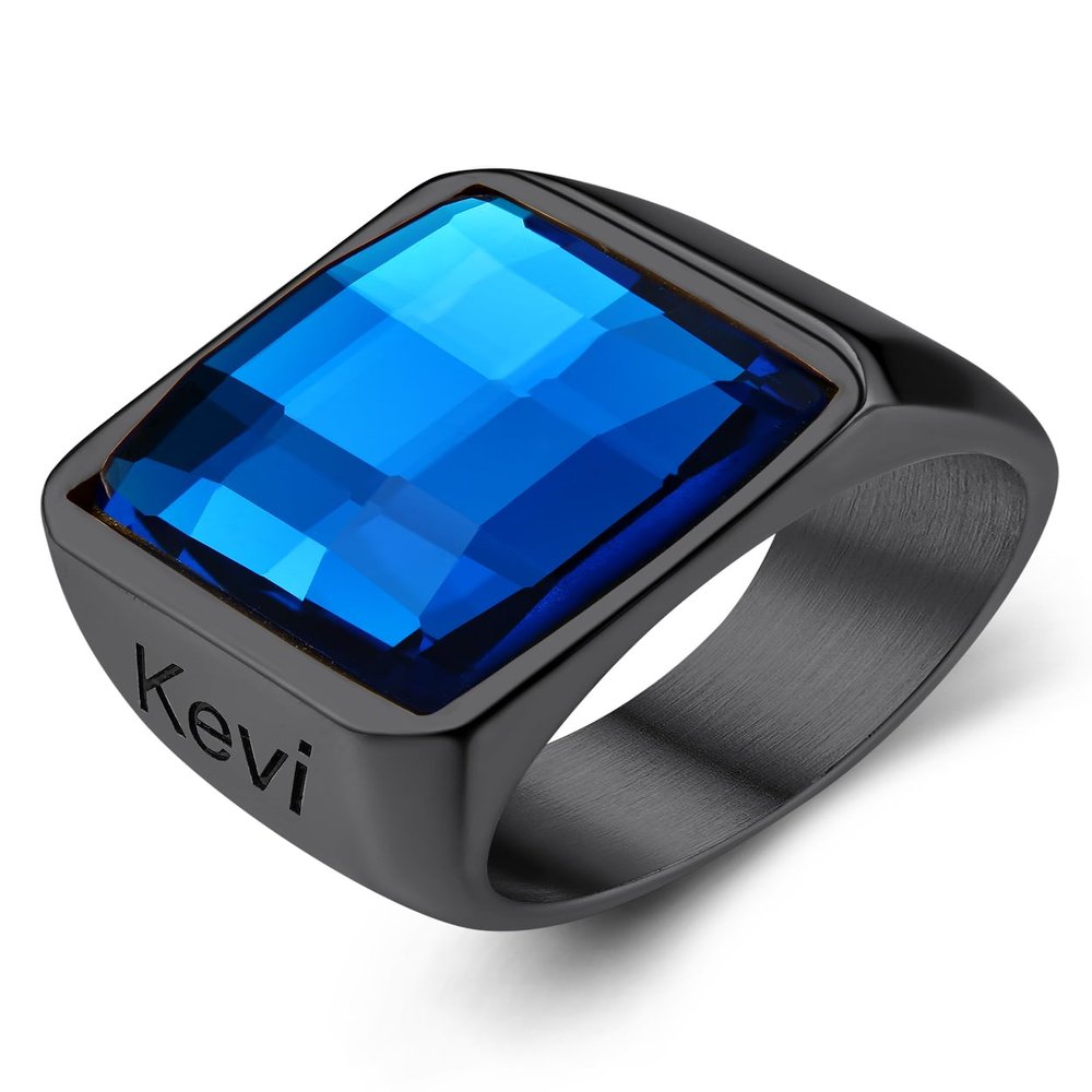 Blue Sapphire Rings Personalized for Men Teen, Custom Engraving Black Square Gemstone Ring For Rapper Dancer