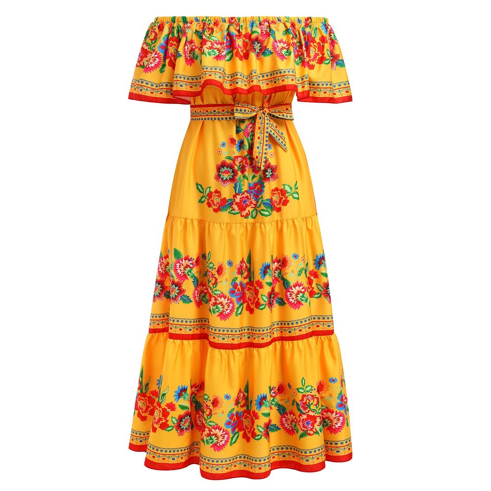 ABEWIP Mexican Dress for Women Floral Print Maxi Off-Shoulder Ruffle Sleeveless Traditional Fiesta Dresses Yellow 2XL