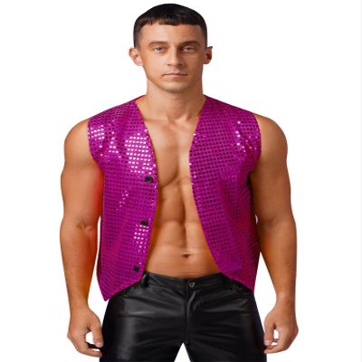 Alvivi Mens Sequin Sleeveless Waistcoat Jazz Dance Sexy Tank Top Irregular Hem Dressy Vest Clubwear Hot Pink C Medium