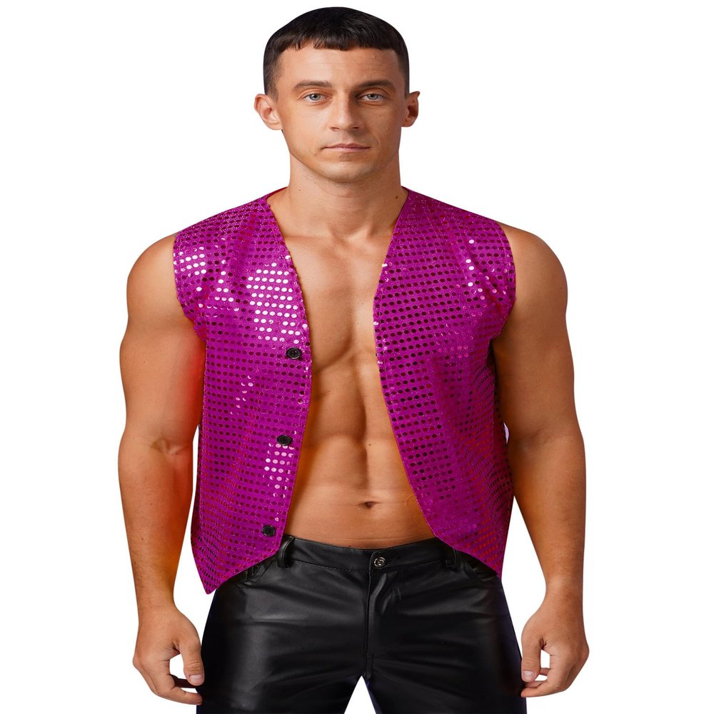 Alvivi Mens Sequin Sleeveless Waistcoat Jazz Dance Sexy Tank Top Irregular Hem Dressy Vest Clubwear Hot Pink C Medium