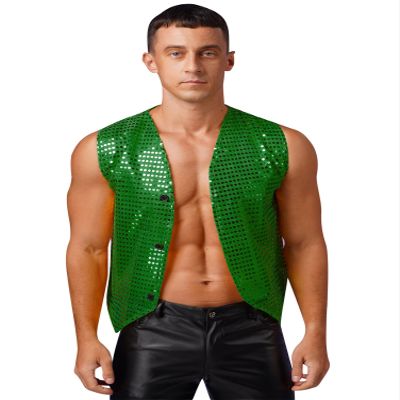 Alvivi Mens Sequin Sleeveless Waistcoat Jazz Dance Sexy Tank Top Irregular Hem Dressy Vest Clubwear Dark Green C Medium