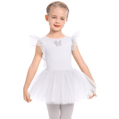 Girl Gymnastics Leotards with Tutu Skirt Kids Ballet Dance Dress Leotard for Girls Butterfly Wings Ballerina Stage Performance Traning Outfit Dancewear Ballet Skirts for Girls White 5-6Y