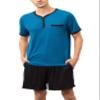 Yukiuiny Mens Cotton Sleepwear Pajamas Sets Soft Short Sleeve Henley Collar Blue Solid Tops and Black Shorts Bottom Medium view 1
