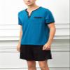 Yukiuiny Mens Cotton Sleepwear Pajamas Sets Soft Short Sleeve Henley Collar Blue Solid Tops and Black Shorts Bottom Medium view 3