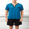 Yukiuiny Mens Cotton Sleepwear Pajamas Sets Soft Short Sleeve Henley Collar Blue Solid Tops and Black Shorts Bottom Medium view 4