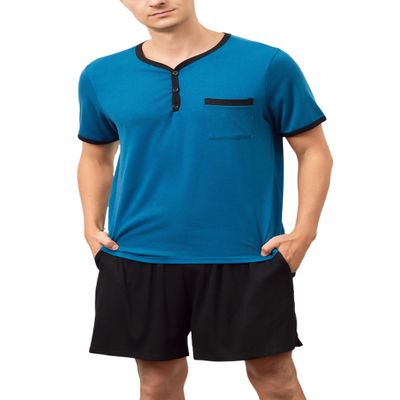Yukiuiny Mens Cotton Sleepwear Pajamas Sets Soft Short Sleeve Henley Collar Blue Solid Tops and Black Shorts Bottom XX-Large