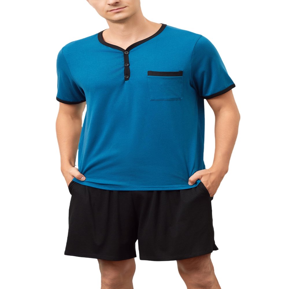 Yukiuiny Mens Cotton Sleepwear Pajamas Sets Soft Short Sleeve Henley Collar Blue Solid Tops and Black Shorts Bottom XX-Large