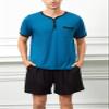 Yukiuiny Mens Cotton Sleepwear Pajamas Sets Soft Short Sleeve Henley Collar Blue Solid Tops and Black Shorts Bottom XX-Large view 2