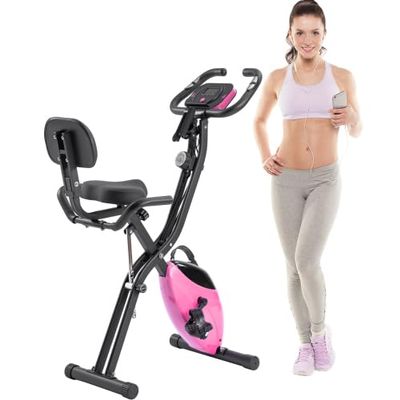 Folding Exercise Bike, Foldable Fitness Stationary Bike Machine, Upright Indoor Cycling Bike, Magnetic X-Bike with 10-Level Adjustable Resistance, Arm Bands and Backrest for Home Gym Workout (Pink)