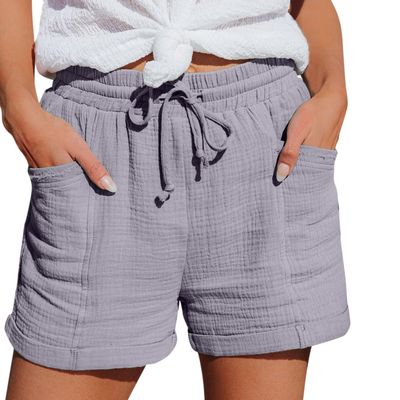 GOKKILRW Womens Shorts Cotton Linen Elastic Waist Drawstring Loose Casual Short Pants Roll Hem Lightweight Summer Beach Short Grey