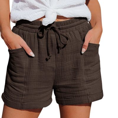 GOKKILRW Womens Shorts Cotton Linen Elastic Waist Drawstring Loose Casual Short Pants Roll Hem Lightweight Summer Beach Short Coffee