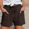 GOKKILRW Womens Shorts Cotton Linen Elastic Waist Drawstring Loose Casual Short Pants Roll Hem Lightweight Summer Beach Short Coffee view 4
