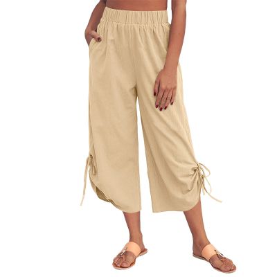 GOKKILRW Womens Casual Loose Elastic Waist Cotton Cropped Pants Designed Lace Up Hem Lightweight Wide Leg Summer Capri Pants Khaki