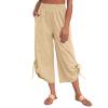 GOKKILRW Womens Casual Loose Elastic Waist Cotton Cropped Pants Designed Lace Up Hem Lightweight Wide Leg Summer Capri Pants Khaki view 1
