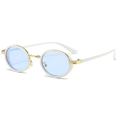 Small Oval Punk Men Sunglasses Vintage Semi-Metal Women Gradient Shades UV400 Blue Tea Sun Glasses (white)
