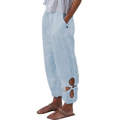 GOKKILRW Womens Casual Elastic Waist Pants Cotton Linen Loose Wide Leg Hollow Trendy Solid Summer Beach Lightweight Pants Blue