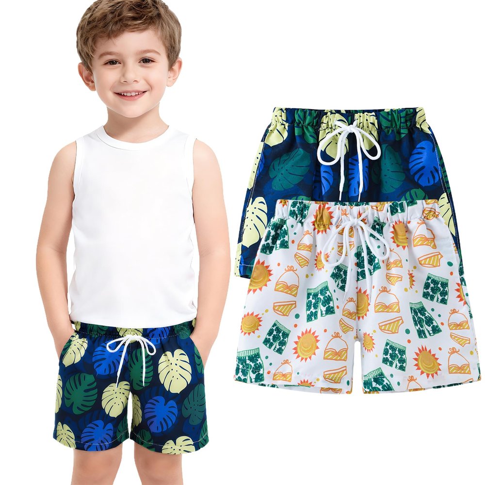 Boys Fashion Beach Shorts Quick Dry Boardshort 2 Piece Athletic Swim Trunks White Yellow Sun+Dark Blue Leaves 9-10Y/140