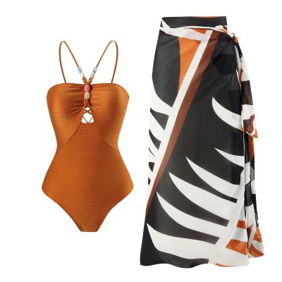 Beach Cover Up Women Floral One Piece Swimsuits for Women Sarong Skirt Wrap 2 Pieces Swimming Suit Floral Print Swimsuit Ruffle Bathing Suits Monokini Padded Bathing Suit Skirt Set Brown Y183 M
