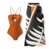 Beach Cover Up Women Floral One Piece Swimsuits for Women Sarong Skirt Wrap 2 Pieces Swimming Suit Floral Print Swimsuit Ruffle Bathing Suits Monokini Padded Bathing Suit Skirt Set Brown Y183 M view 1