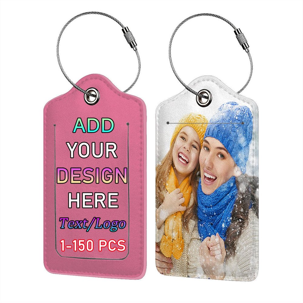 Custom Luggage Tag Personalized Your Own Text, Image, Photo, Logo Customized Travel Suitcases Labels Tags with Full Privacy Card and Stainless Steel Loop, 1 PCS PU Leather Baggage Tags, Pink