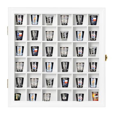 Shot Glass Display Case Wooden Cabinet Rack Holder Wall Mounted White Shadow Box Lockable with UV Protection Acrylic Glass Door Shot Glass Storage Display with Removable Shelves, 16.5"x16.2", 36 Slots