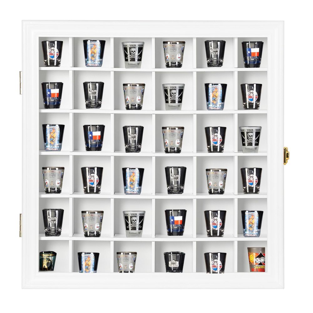 Shot Glass Display Case Wooden Cabinet Rack Holder Wall Mounted White Shadow Box Lockable with UV Protection Acrylic Glass Door Shot Glass Storage Display with Removable Shelves, 16.5"x16.2", 36 Slots