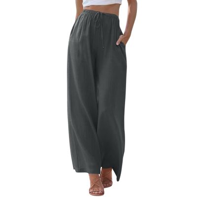 GOKKILRW Women's Linen Summer Palazzo Pants Flowy Wide Leg Beach Casual Cropped Pants Loose Fit Business Work Office Elastic Waist Lightweight Vacation Pants Dark Gray