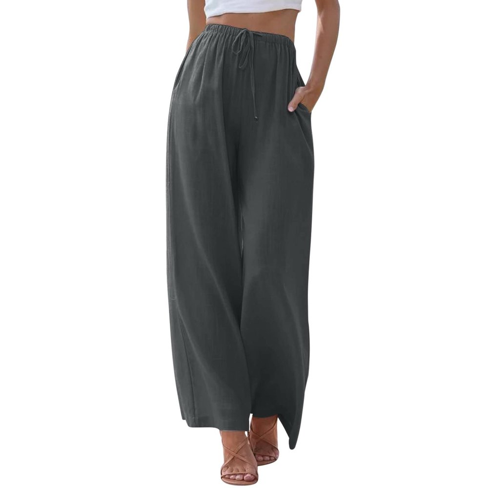 GOKKILRW Women's Linen Summer Palazzo Pants Flowy Wide Leg Beach Casual Cropped Pants Loose Fit Business Work Office Elastic Waist Lightweight Vacation Pants Dark Gray