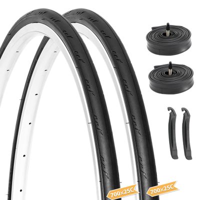 Hycline Road Bike Tires Set: 2-Pack 700x25C(25-622) Folding Replacement Puncture-Resistant Bicycle Tires and 2 Pcs 700x25-28C Inner Tubes Presta Valve with Tire Levers for City Commuter Road