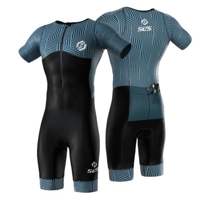 SLS3 Triathlon Suits Mens - Aerodynamic Sleeved Tri Suit Men Lightweight Trisuit with Premium FX Fabrics - 2 Pockets (Carbon Teal, Small)