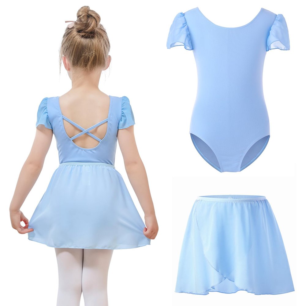Bezioner Ballet Leotard for Girls with Removable Skirt Ballet Dress Puff Sleeve Dance Leotard Ballerina Outfit for Girls Blue 130