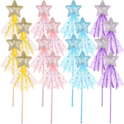 Skylety 16 Pcs Fairy Wands Star Glitter Princess Wands for Girls Kids Princess Party Favors Angel Sticks with Ribbon Costume Props for Birthday Wedding Cosplay