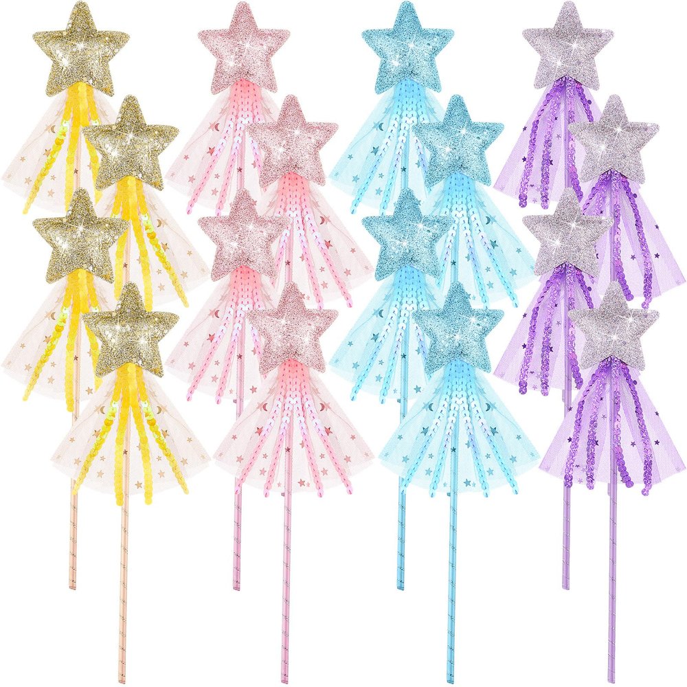 Skylety 16 Pcs Fairy Wands Star Glitter Princess Wands for Girls Kids Princess Party Favors Angel Sticks with Ribbon Costume Props for Birthday Wedding Cosplay