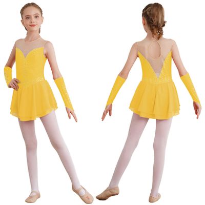 Agoky Girls Shiny Rhinestones Figure Skating Dress Ballet Lyrical Dance Costume Gymnastics Leotard Tutu Skirt Yellow D 12 Years