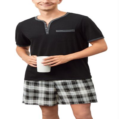 Yukiuiny Mens Cotton Sleep Pajamas Set Soft Short Sleeve Henley Collar Black Solid Tops and Plaid Shorts Bottom XX-Large