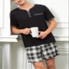 Yukiuiny Mens Cotton Sleep Pajamas Set Soft Short Sleeve Henley Collar Black Solid Tops and Plaid Shorts Bottom XX-Large view 4